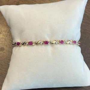 ESTATE 14K RUBY & MELEE DIAMOND TENNIS BRACELET, 7.” 7.9 GRAMS - Picture 1 of 7
