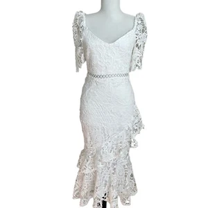 Abito midi Lulus Briarwood pizzo increspato S bianco doccia sposa cocktail party  - Foto 1 di 16