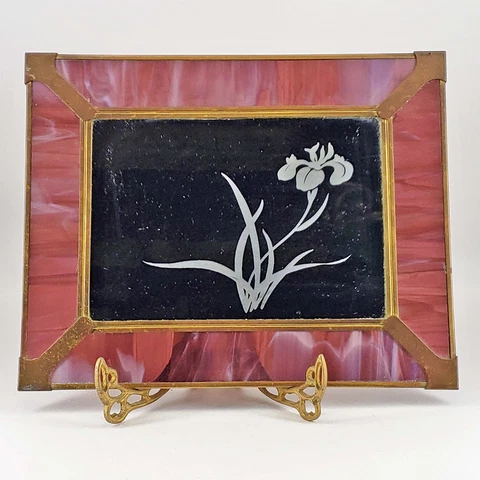 Vintage Pink Swirl Slag Stained Glass Mirror w/ frosted flower & velvet backing Cover