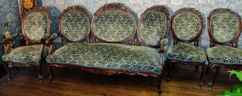 Antique Victorian Carved Parlor Suite C1880 4 pc: sofa, arm chair, 2 side chairs Cover