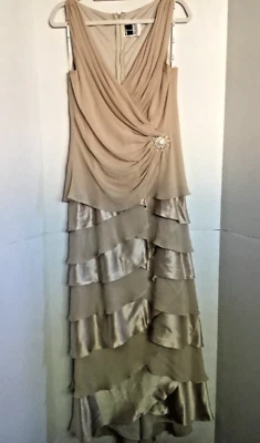 Tadashi Shoji Gown Tan Nude Taupe Full Length Tiered Ruffle 12 Silk Surplice - Image 1 of 4