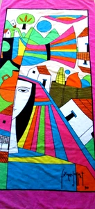 Vintage Hilasal Fernando Llort El Salvador Pink Picasso Style Beach Towel 1990 - Picture 1 of 7