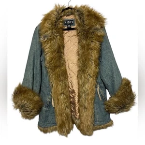 Penny Lane Vtg Y2K Mix It Denim Jean Faux Fur Coat Jacket Large Hippie Baby Girl - Picture 1 of 8