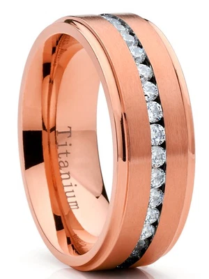 Anillo de boda de titanio de eternidad de 7 mm para hombre en tono oro rosa circonita cúbica circonita cúbica circonita cúbica Foto 1 de 4