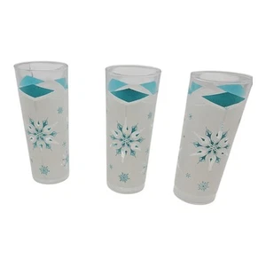 Vtg Atomic Snowflake Frosted And Teal Highball Glass MCM Set Of 3 Glasses - Picture 1 of 18