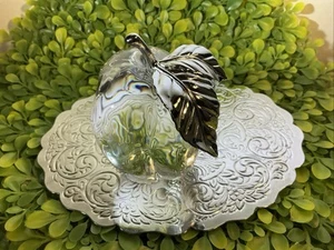 Vtg Handblown Crystal Glass Apple Silver Metal Stem Leaf Great Teacher Gift - Picture 1 of 18