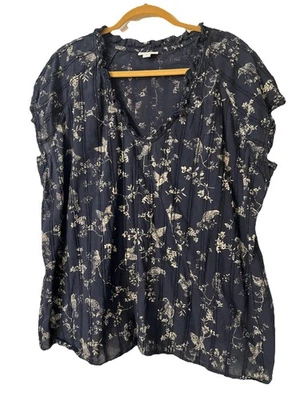 Top J. Jill Talla XL Azul Marino Oscuro Toile Floral Colibrí Bordado con Volantes Foto 1 de 4