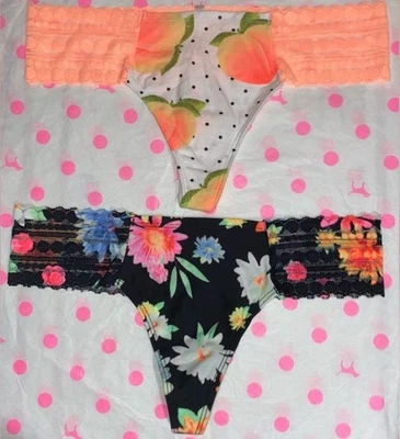 2 novas calcinhas Victoria’s Secret pacote tanga de renda rosa floral pêssego bolinhas - Imagem 1 de 3