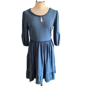 Matilda Jane Make Believe Hold The Key Teal Blue Crochet Trim Mini Dress Size M - Picture 1 of 7