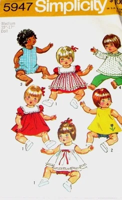 Simplicity 5947 Baby Doll Clothes Wardrobe Pattern M 15” 17” 1973 Pussycat 70s - Image 1 of 4