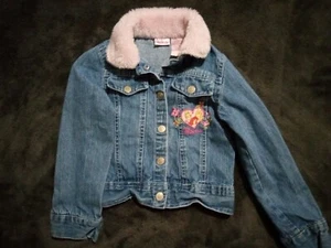 TODDLER GIRLS DISNEY PRINCESS JACKET Blue Denim Size 5 Faux Fur Pink Collar - Picture 1 of 5