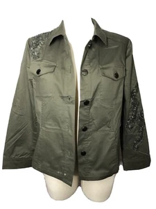 Chicos LP 2p NWOT Green Collared Button Up Jacket Lace Appliqué Deep Olive 🧡🧡 - Picture 1 of 11