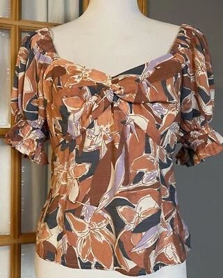 Blusa Corta Floral Nine West Talla L Marrón Manga Abullonada Calada Cottagecore Boho Foto 1 de 4