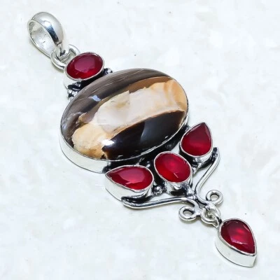 Colgante de joyería de plata hecho a mano de jaspe de madera de cacahuete, piedras preciosas de rubí 2,8" PRJ12582 Foto 1 de 2