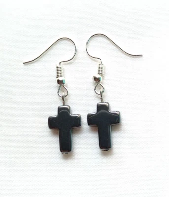 Hematite Cross Drop Hook Earrings Silver Tone Healing Natural Blood Stone - Image 1 of 4