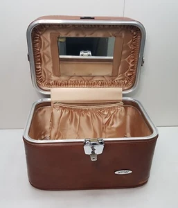 ANTLER BROWN FAUX LEATHER VANITY MAKEUP TRAVEL CASE MIRROR LOCK VINTAGE 1970s - Picture 1 of 24