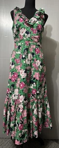 J.Crew Tissue Fabric Dress Sz6 Green Floral Ruffle Sleeveless Midi Dress Tiered - Picture 1 of 8
