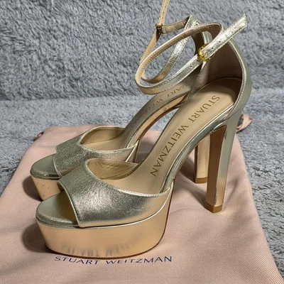 Stuart Weitzman Discoplatform Gold Metallic Leather Platform Heels Sandals Sz 6 - Image 1 of 4