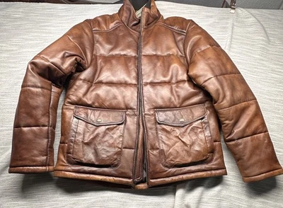Cripple Creek Mens Large 100% Leather Bomber Puffer  Jacket Brown New - Image 1 of 4