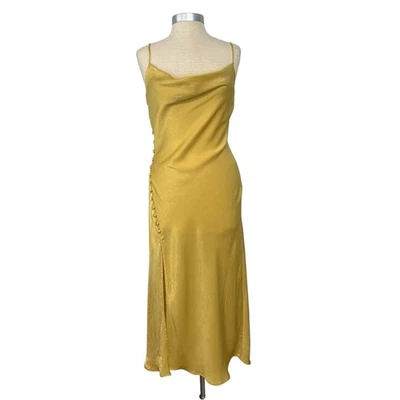 Zara 缎面懒人连衣裙女式 M 黄色 Midi Cowl 意大利面肩带侧开衩 Y2K — 第 1/4 张图片