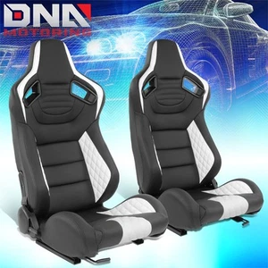 Pair Reclinable White Quilted Padded Section Vinyl Leather Racing Seats w/Slider - Picture 1 of 8