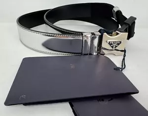 Cintura Prada Argento Nuova con etichette Pelle Argento Metallizzato Argento Triangolo Logo Fibbia Tg 95 - Foto 1 di 14