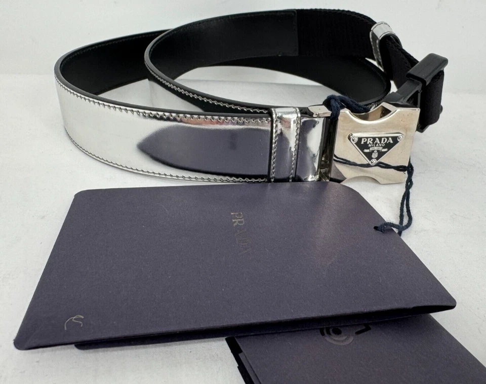 NWT Prada Argento Metallic Silver Leather Silver Triangle Logo Buckle Belt Sz 95 - Image 1 of 4