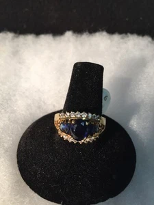 RING BLAUER SAPHIR IMITAT MIT CZ & BAND 50 MLS VERGOLDET ÜBER MESSING GR. 9 NEU - Bild 1 von 5