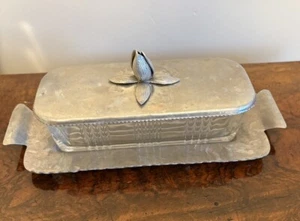 Hammered Aluminum Butter Dish Set Tulip Flower Lid Tray Ribbed Glass 1950's MCM - Picture 1 of 12