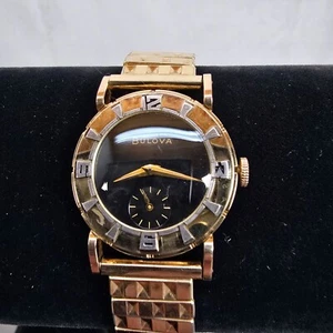 VTG 1951 Bulova Berkshire 10k Rolled Gold Watch Geometric Band & Black Dial Mens - Picture 1 of 11