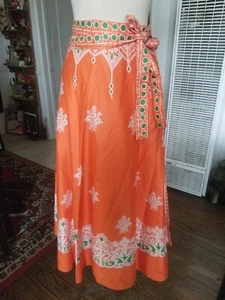 Dead stock 1970s Orange With White Ornate Designed Wrap Skirt - Picture 1 of 4