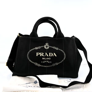 Auth PRADA Logos Canapa Canvas Hand Bag Black with strap) P3634RA611 - Picture 1 of 18
