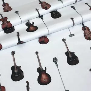 IMPRESIÓN DIGITAL JAZZ MÚSICA, GUITARRA, MICRÓFONO 100% TELA DE ALGODÓN por medio metro - Imagen 1 de 3