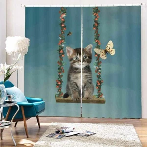 Kitten On Great Swing 3D Blockout Photo Print Curtain Fabric Curtains Window - Bild 1 von 10