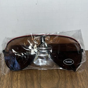 New Vintage 80s ROC Taiwan Polarized Aviator Black Frame Red Stripe Sunglasses - Picture 1 of 5