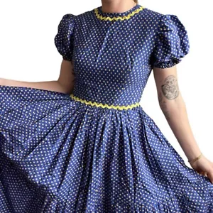 Maxi Vestido Manga Abullonada Pradera Algodón Floral Azul Amarillo Hecho a Mano Años 70 De Colección - Imagen 1 de 10
