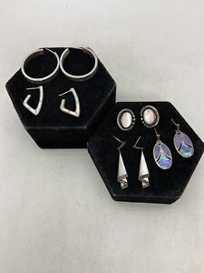 925 Silver Lot of 4 MOP Opal Abalone Hoop Dangle Earrings 