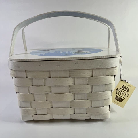 Christmas Basketville Co. Putney, Vermont Woven Wood Picnic Basket 2 Handles Cover