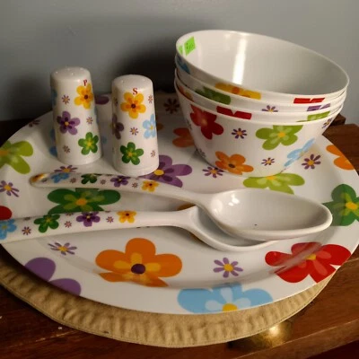 Colorido juego de servir de verano, melamina, flores, 9 piezas Foto 1 de 4