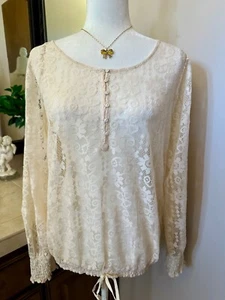 VENUS Women's Top Blouse Shirt Ivory Lace Elastic Waist & Sleeves Pretty Size L - Picture 1 of 6