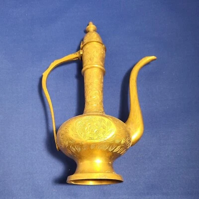 Vintage brass Lidded Genie Pitcher Floral Etched . - Image 1 of 4