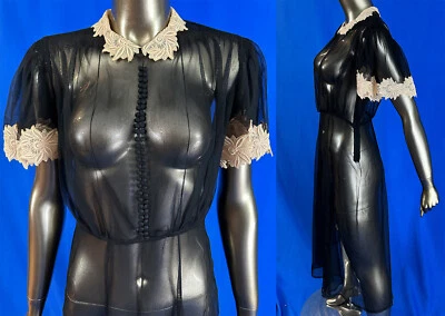 Vintage Sheer Black Mesh Net Blush Pink Lace Trim Butterfly Sleeve Swing Dress - Image 1 of 2