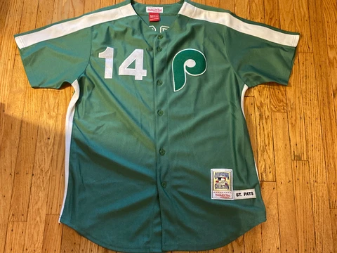 Pete Rose Throwback Stitched Green Phillies Jersey St. Pats Patch Size 50 XL Cover