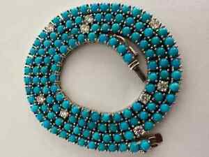 18K White Gold Over Turquoise and Diamond Tennis Necklace For Women's 16" Long