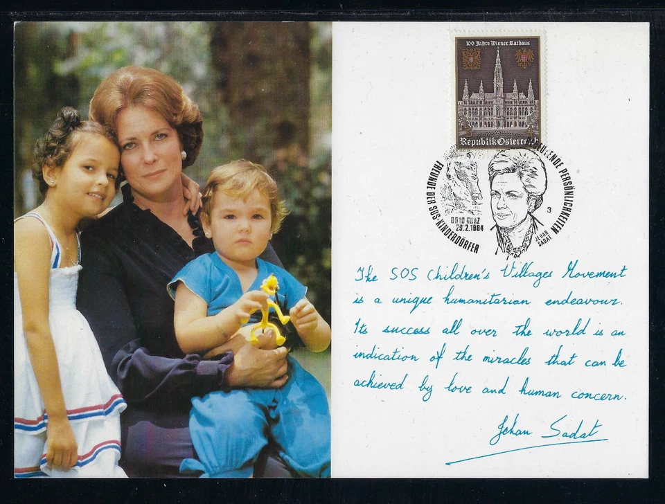 SOS-Kinderdorf Grußkarte Jehan Sadat bedeutende Persönlichkeit mit Autogramm - Bild 1 von 1