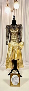 Vintage 1980er Runway Couture schwarz Spitze Overlay Gold Lamé Herzausschnitt Miederkleid - Bild 1 von 12