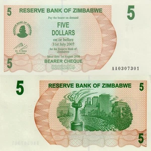 Zimbabwe 5 Dollars (2006) Bearer Check/Eternal Torch, p-38 UNC - Picture 1 of 3