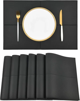 Black Faux Leather Placemats Set of 6 Stain Resistant Table Mats Waterproof Easy - Image 1 of 4