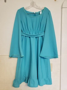 60's 70’s Vtg Handmade Turquoise MOD Polyester Empire Waist Dress Bell Sleeve - Picture 1 of 19