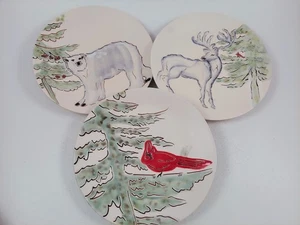 Set of 3 Pottery Barn Winter Forest Salad Plates Arctic Holiday Christmas Bird - Picture 1 of 9